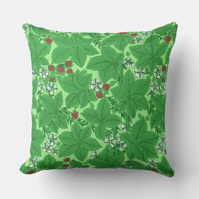 Art Nouveau Strawberries and Leaves, Lime Green Cushion (Front)
