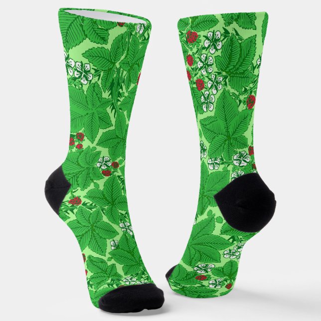 Art Nouveau Strawberries and Leaves, Lime Green Socks (Angled)
