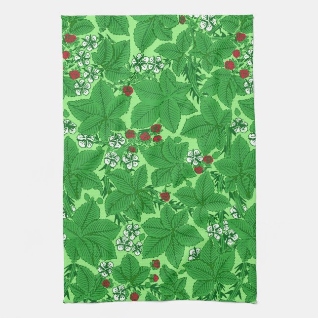 Art Nouveau Strawberries and Leaves, Lime Green Tea Towel (Vertical)