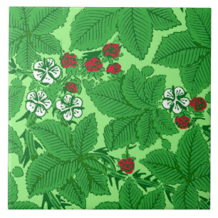 Art Nouveau Strawberries and Leaves, Lime Green Tile