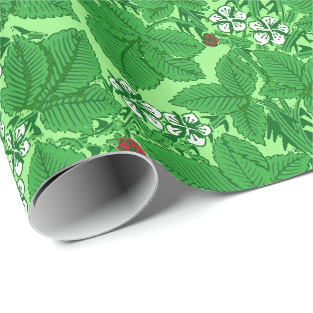 Art Nouveau Strawberries and Leaves, Lime Green Wrapping Paper (Roll Corner)
