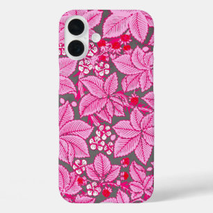Art Nouveau Strawberries and Leaves, Pink and Grey iPhone 16 Plus Case