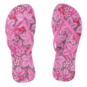 Art Nouveau Strawberries and Leaves, Pink and Grey Thongs