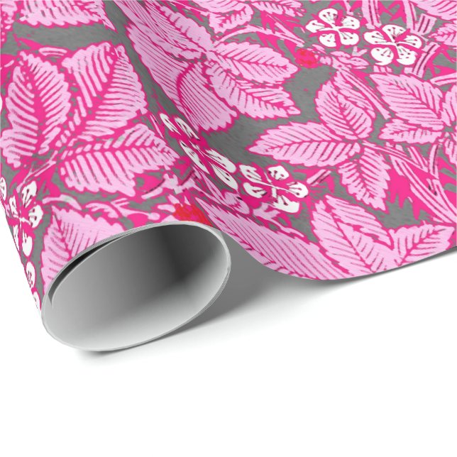 Art Nouveau Strawberries and Leaves, Pink and Grey Wrapping Paper (Roll Corner)