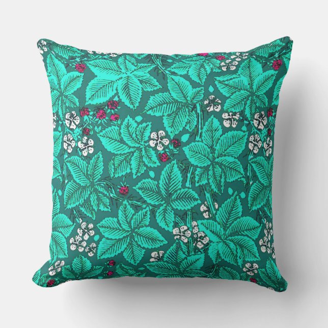 Art Nouveau Strawberries and Leaves, Turquoise Cushion (Front)