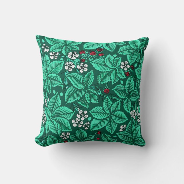 Art Nouveau Strawberries and Leaves, Turquoise Cushion (Front)