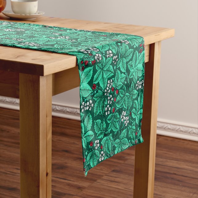 Art Nouveau Strawberries and Leaves, Turquoise Short Table Runner (In Situ)