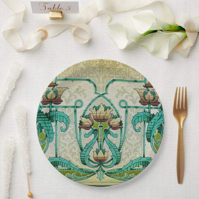 Art Nouveau Style Acanthus Leafs Bouquet Flowers Paper Plate (Wedding)