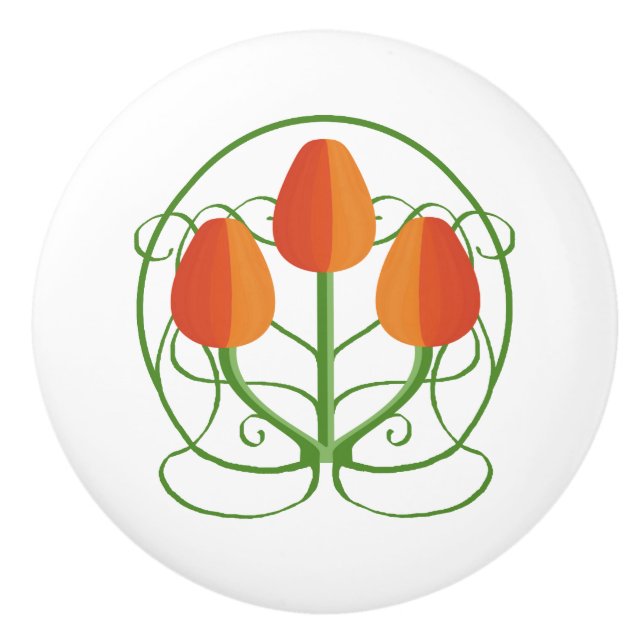 Art Nouveau Style Ceramic Knobs with Orange Tulips (Front)