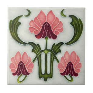Art Nouveau Style Ceramic Tile. Pink/Green Ceramic Tile