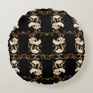 Art Nouveau Style: Gold-Black Vintage. Round Cushion