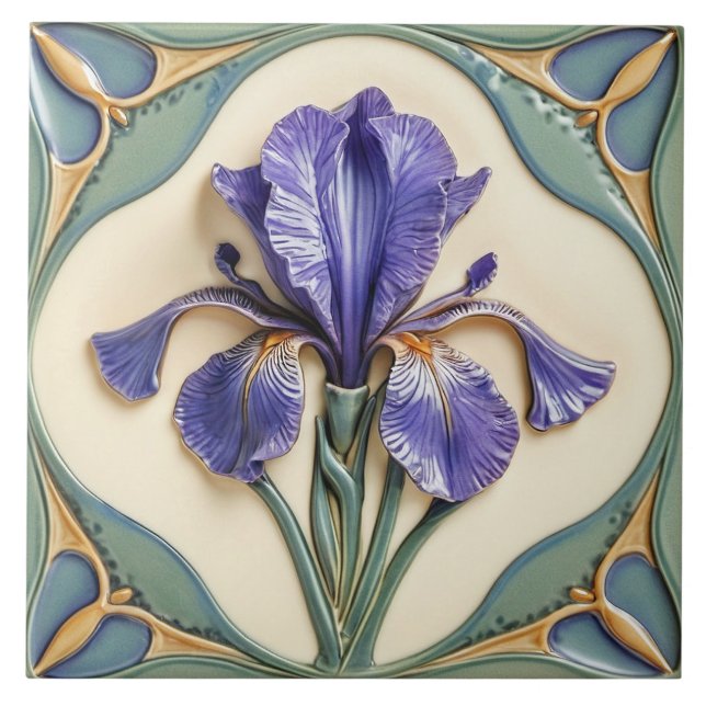 Art Nouveau Style Iris Ceramic Tile. Tile (Front)