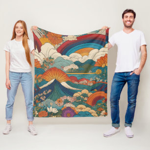 Art Nouveau Style Mountain Sky Floral Landscape Fleece Blanket