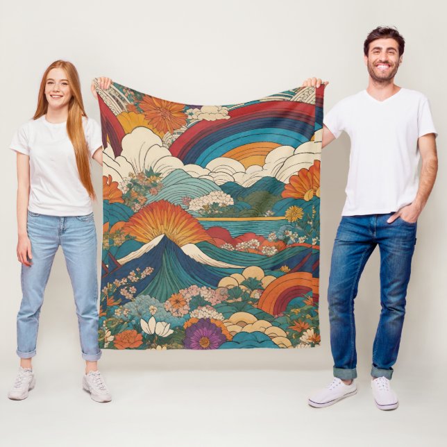 Art Nouveau Style Mountain Sky Floral Landscape Fleece Blanket (In Situ)