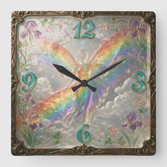 Art Nouveau Style Rainbow Goddess Iris Square Wall Clock (Front)
