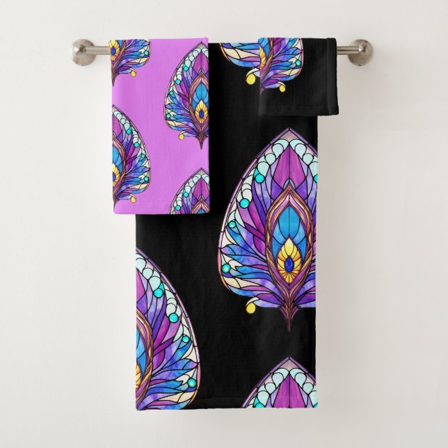 Art Nouveau Style Stained Glass Peacock Feather Bath Towel Set (Insitu)