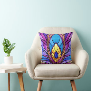 Art Nouveau Style Stained Glass Peacock Feather Cushion