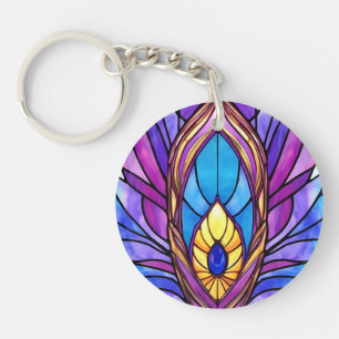 Art Nouveau Style Stained Glass Peacock Feather Key Ring