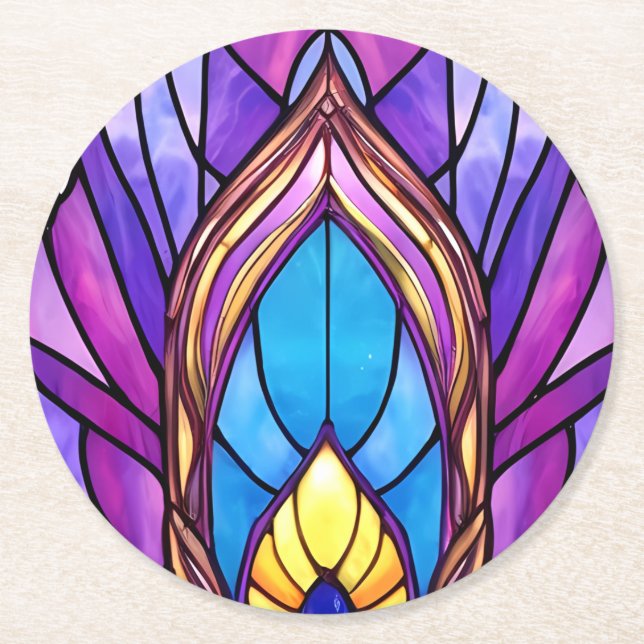 Art Nouveau Style Stained Glass Peacock Feather Round Paper Coaster (Front)