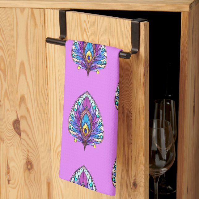 Art Nouveau Style Stained Glass Peacock Feather Tea Towel (Thirds Fold)