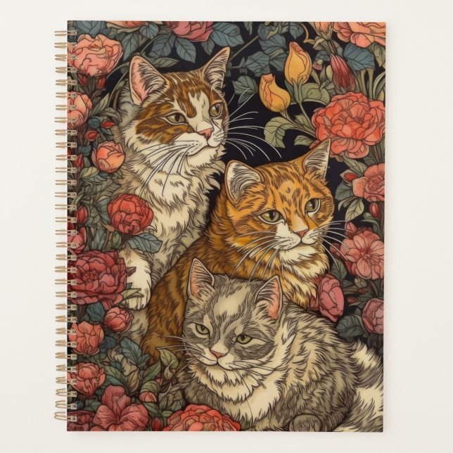 Art Nouveau Style Three Cats with Flowers Planner (Front)