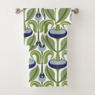 Art Nouveau Stylised Blue Tulips Bath Towel Set