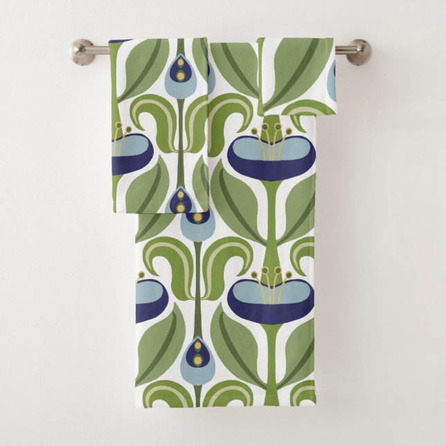 Art Nouveau Stylised Blue Tulips Bath Towel Set (Insitu)