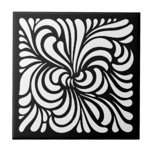 Art Nouveau Stylised Leaves, Black and White Tile