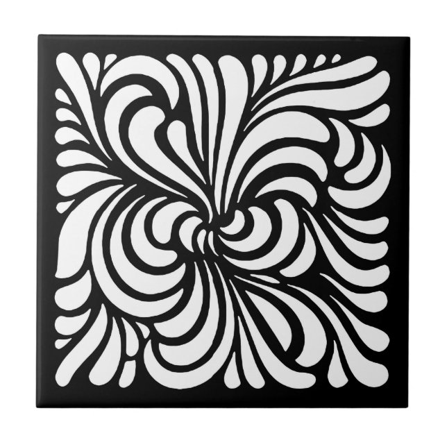 Art Nouveau Stylised Leaves, Black and White Tile (Front)
