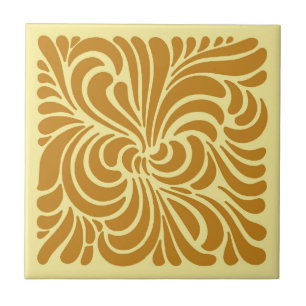 Art Nouveau Stylised Leaves, Mustard and Yellow Ceramic Tile