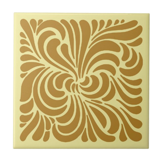 Art Nouveau Stylised Leaves, Mustard and Yellow Ceramic Tile (Front)