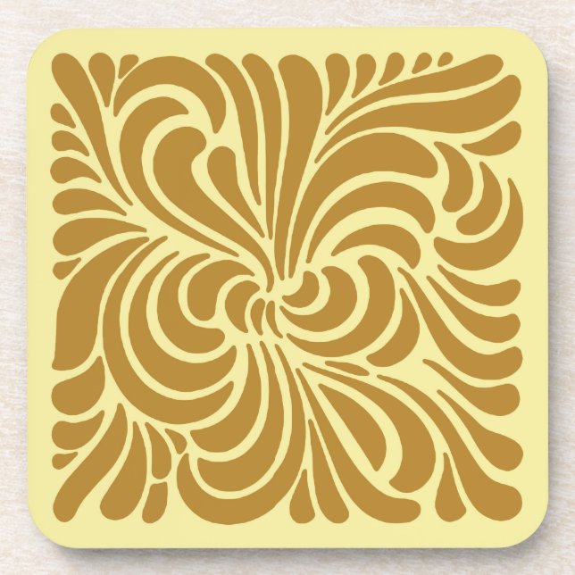Art Nouveau Stylised Leaves, Mustard and Yellow Coaster (Front)