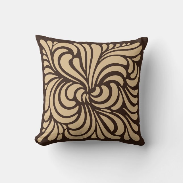 Art Nouveau Stylised Leaves, Tan and Dark Brown Cushion (Front)
