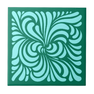 Art Nouveau Stylised Leaves, Turquoise and Aqua Tile