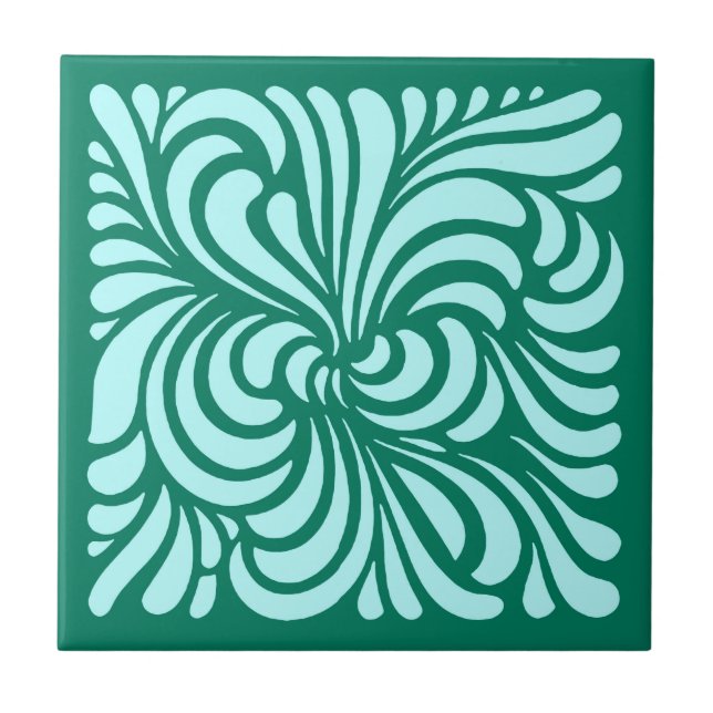 Art Nouveau Stylised Leaves, Turquoise and Aqua Tile (Front)