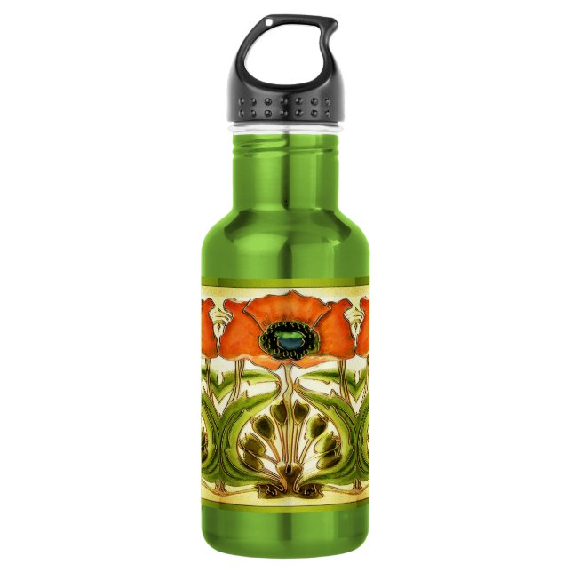 ART NOUVEAU STYLIZED GREEN RED POPPY 532 ML WATER BOTTLE (Front)