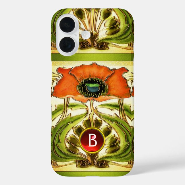 ART NOUVEAU  STYLIZED GREEN RED POPPY GEM MONOGRAM Case-Mate iPhone CASE (Back)