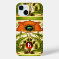 ART NOUVEAU  STYLIZED GREEN RED POPPY GEM MONOGRAM