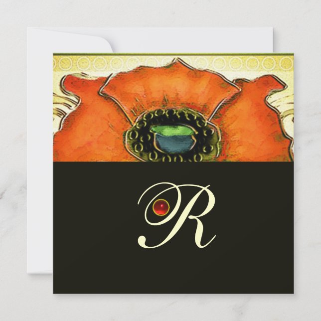 ART NOUVEAU  STYLIZED GREEN RED POPPY GEM MONOGRAM INVITATION (Front)