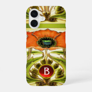ART NOUVEAU STYLIZED GREEN RED POPPY GEM MONOGRAM iPhone 16 CASE