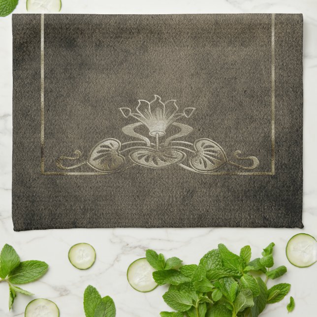 Art nouveau suede look elegant gold brown lotus tea towel (Folded)
