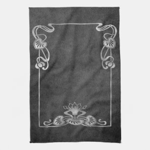 Art nouveau suede look elegant silver grey lotus  tea towel