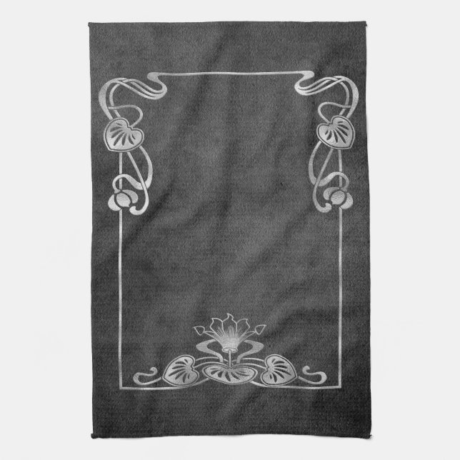Art nouveau suede look elegant silver grey lotus  tea towel (Vertical)