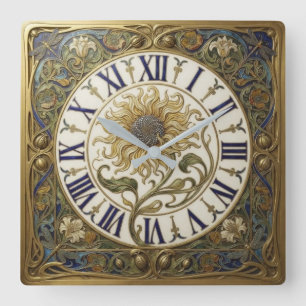 Art Nouveau Sunflower and Dragonfly Enamel Frame Square Wall Clock