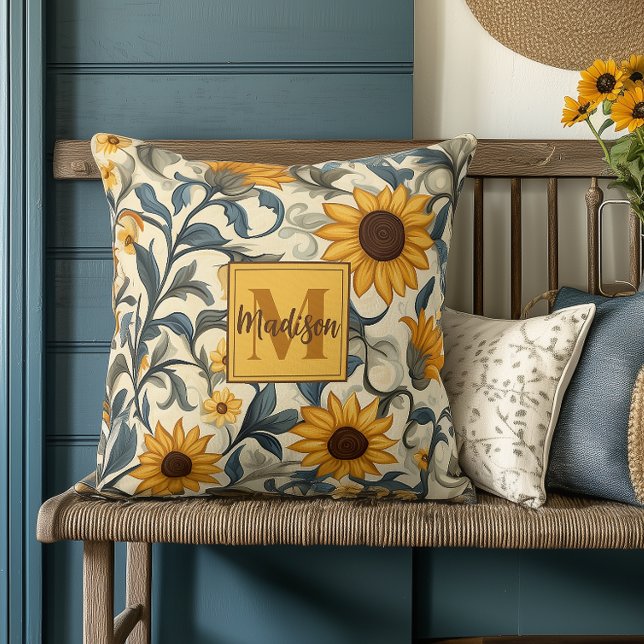 Art Nouveau Sunflower Monogrammed Cushion (Creator Uploaded)