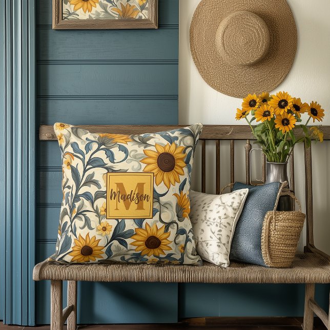 Art Nouveau Sunflower Monogrammed Cushion (Creator Uploaded)