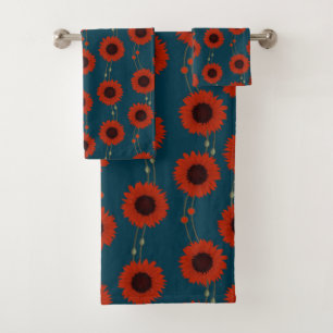 Art Nouveau Sunflower Retro Floral Stripes Red Bath Towel Set
