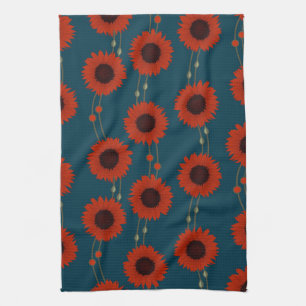 Art Nouveau Sunflower Retro Floral Stripes Red Tea Towel