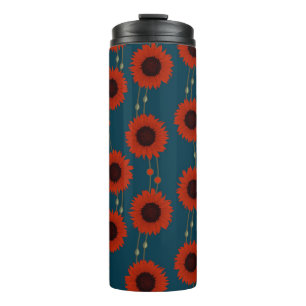Art Nouveau Sunflower Retro Floral Stripes Red Thermal Tumbler