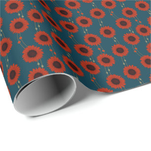 Art Nouveau Sunflower Retro Floral Stripes Red Wrapping Paper